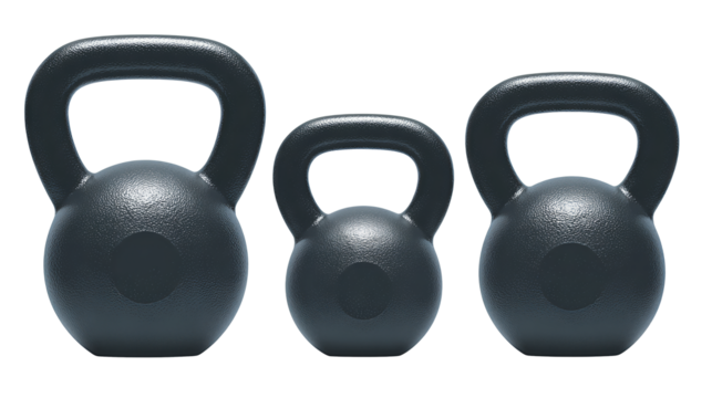 Set of three kettlebell silhouettes in varying sizes, charcoal fill with subtle inner cutout and rounded thick handles, isolated on transparent background.
 - Powered by Adobe