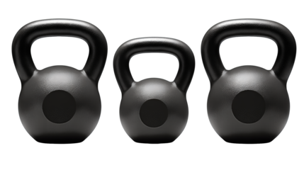 Set of three kettlebell silhouettes in varying sizes, charcoal fill with subtle inner cutout and rounded thick handles, isolated on transparent background.
