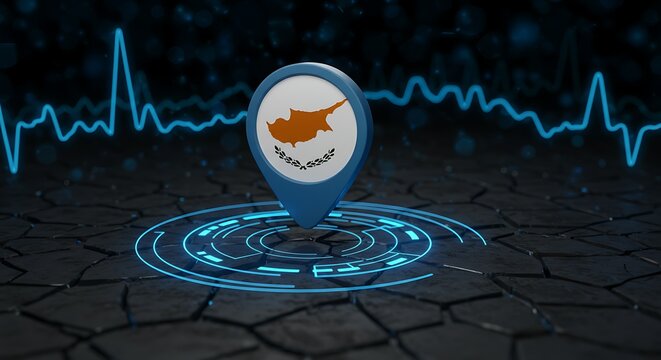 Cyprus location pin with vibrant digital graph, representing financial markets - Powered by Adobe
