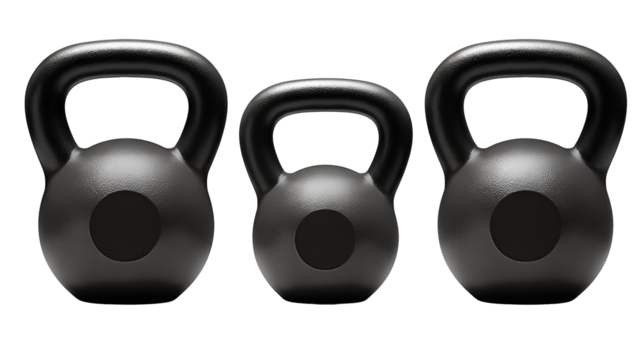 Set of three kettlebell silhouettes in varying sizes, charcoal fill with subtle inner cutout and rounded thick handles, isolated on transparent background.
