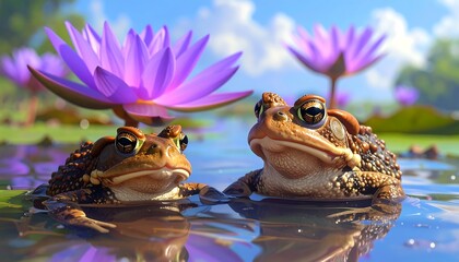 Two Frogs Relaxing Under a Purple Lotus Flower.