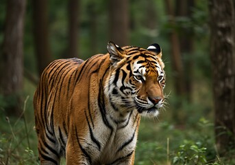 A majestic tiger with striking orange and black stripes walks through a lush green forest, its gaze fixed to the side.