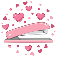 Pink stapler with hearts, cartoon illustration for Valentine's Day