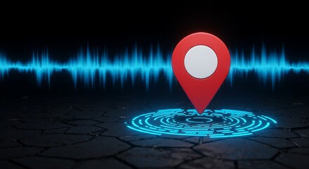 Innovative location pin with futuristic glowing sonar waves for tech marketing