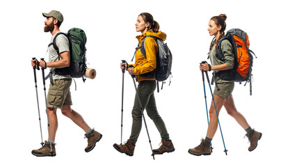 People hiking with backpacks and trekking poles transparent background