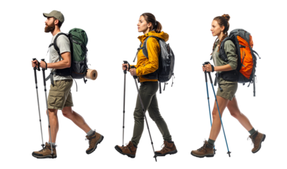 People hiking with backpacks and trekking poles transparent background