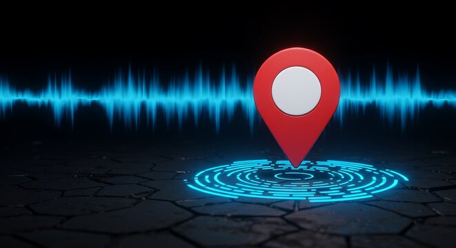 Innovative location pin with futuristic glowing sonar waves for tech marketing