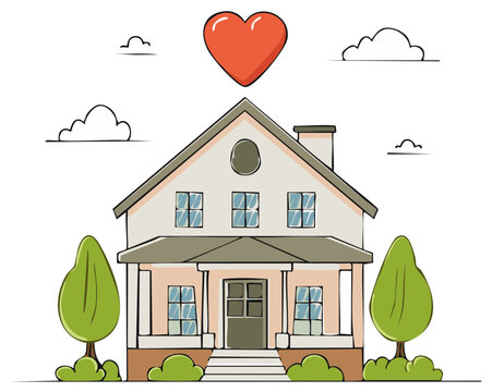 Illustration of a charming house with a heart floating above and whimsical clouds in the sky - Powered by Adobe