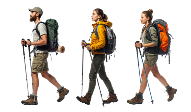 People hiking with backpacks and trekking poles transparent background