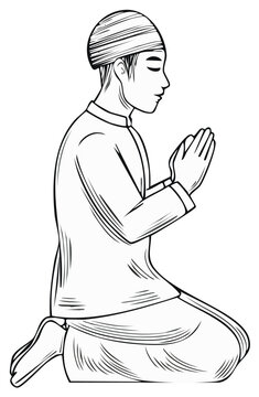 man praying, black and white line art clip art preview