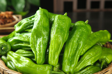 Fresh Green Peppers in Basket - Home Cooking Vegetables with Water Droplets