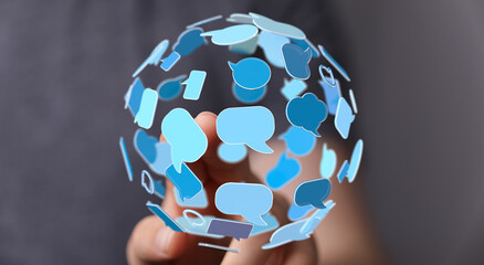 Hand holding digital speech bubbles. Conceptual seo image. Global communication, connection, worldwide network concept for stock photo platforms