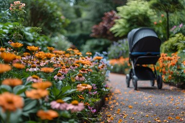 Colorful flowers line a garden path with a stroller on a sunny day, inviting a peaceful stroll among blooms and greenery