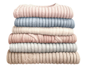 Stack of soft, pastel-colored sweaters