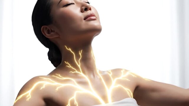 Woman's Energy Flow: Glowing Veins and Shoulder Relaxation in Bright Studio