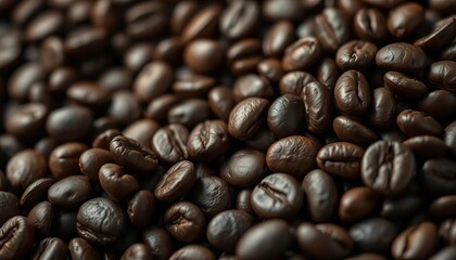Fototapeta premium Close-up of roasted coffee beans, dark and oily, breakfast, cappuccino