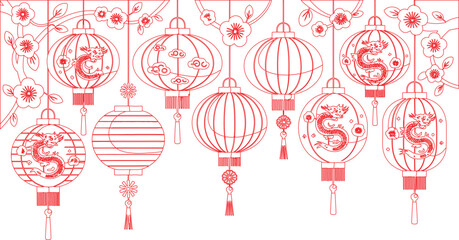 Decorative Red Chinese Lanterns with Dragons, Clouds, and Plum Blossoms Hanging on White