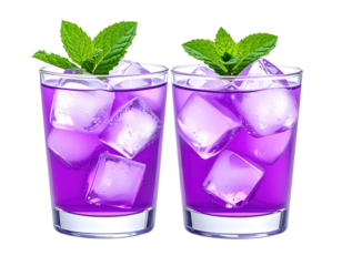 Two vibrant purple drinks with ice and mint
