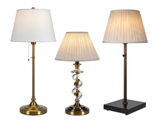 Three table lamps with various bases and shades