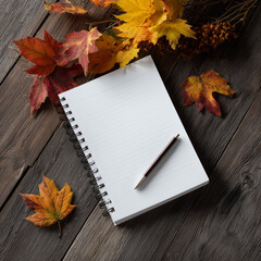 Obraz premium Blank spiral notebook with pencil on rustic wooden table surrounded by colorful autumn leaves – cozy fall writing or journaling concept