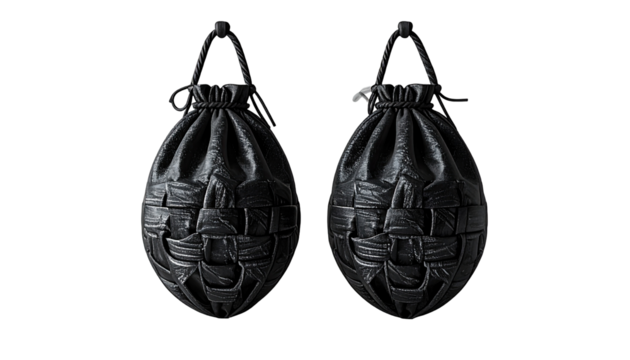 Two black leather pouches with a woven design