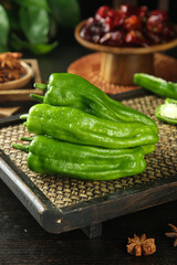 Fresh Green Chili Peppers on Bamboo Tray - Rustic Farmhouse Kitchen Ingredients