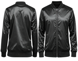 Front and back view of a black satin bomber jacket