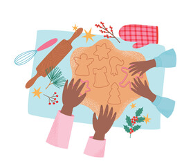 Christmas cooking with children. Cutting cookie dough with cookie cutters. Making Christmas gingerbread cookies top view. Homemade holiday bakery. Vector illustration in flat style