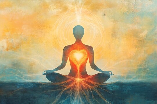 Silhouette in lotus position meditating, radiating light from the heart, crown, and root chakras on a textured background