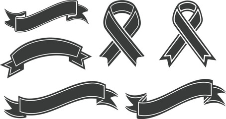 Ribbon banner set. Simple ribbons. Various black ribbon banner silhouettes. Includes multiple styles such as straight, curved, wavy, and folded ribbons with pointed ends.