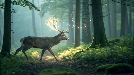 Mystical deer with glowing antlers walking through an enchanted forest