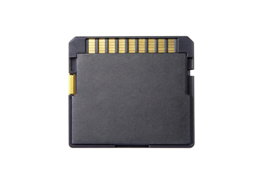 Detailed high resolution close up of a compact memory card with gold connector pins