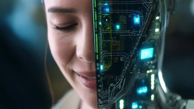 Futuristic woman showing advanced electronic implants and technology. Future science and advanced robotics concept.