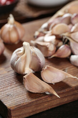 Fresh Garlic Bulbs and Cloves on Wooden Cutting Board - Natural Farm Ingredient for Cooking and Kitchen Preparation