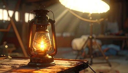 Vintage Lantern Illuminating a Rustic Setting.