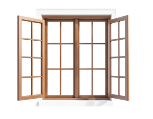 Open wooden window with panes