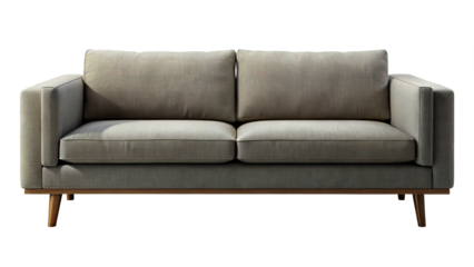 Modern minimalist two-seater sofa with striped upholstery isolated on black studio background