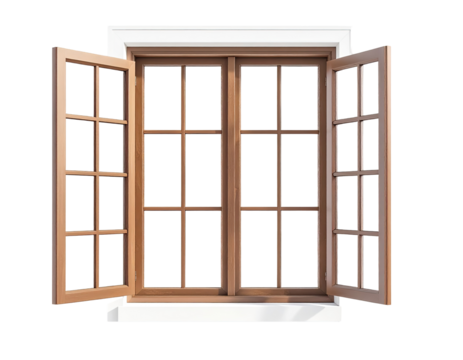 Open wooden window with  panes