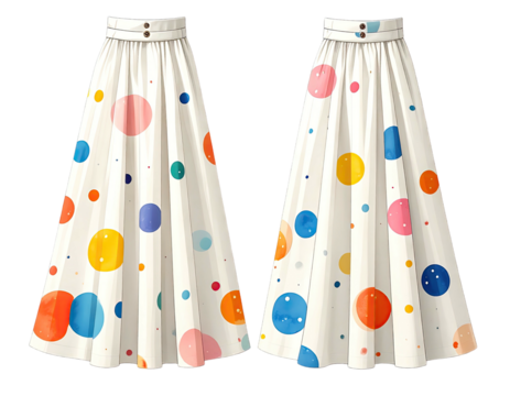 Two white skirts with colorful polka dots
