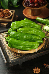 Fresh Green Tiger Peppers in Bamboo Basket - Asian Cooking Ingredients
