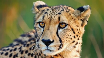 Close up portrait of a cheetah with spotted fur and amber eyes against a blurred green background - Powered by Adobe