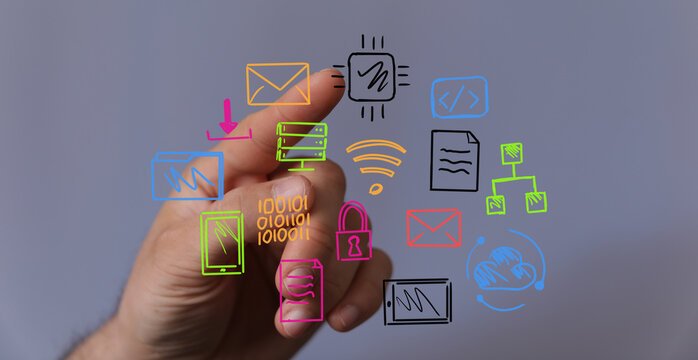 Hand interacting with colorful digital icons,network, technology, connection, data, innovation.