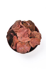 Dried Porcini Mushrooms in Wooden Bowl - Premium Cooking Ingredients on White Background