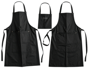 Three black aprons displayed in a studio setting