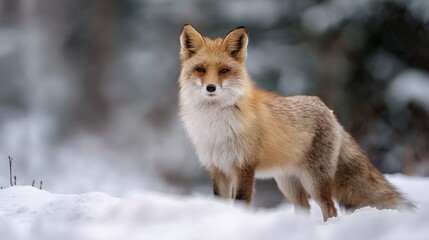 Obraz premium A red fox stands alert in a snow covered forest during winter