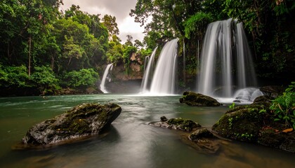 Obraz premium Stunning Triple Waterfall in Lush Green Tropical Jungle Landscape.