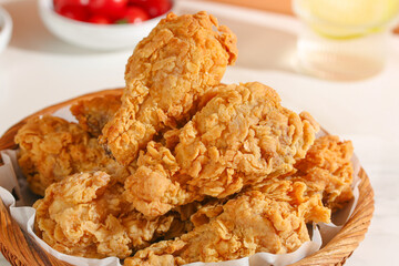 Crispy Golden Fried Chicken Thighs in Rustic Wooden Basket Food Photography