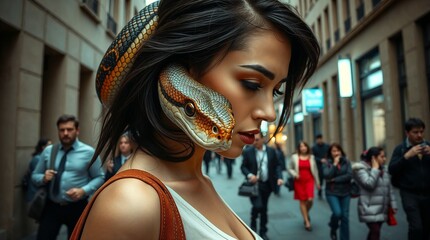 Girl with snake wrapped around her head as modern Medusa Gorgon on city street, symbolic illustration of Greek myth "Medusa Gorgon"