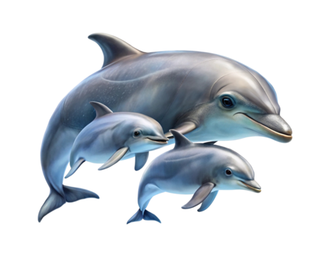 Family of dolphins swimming together elegant marine mammals gentle ocean creatures underwater scene