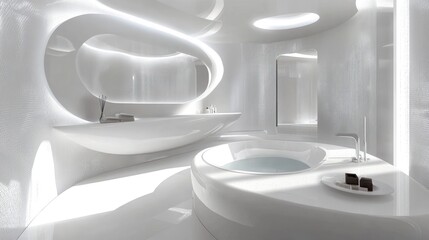 Modern white bathroom with curved tubs, serene spa atmosphere, ideal for relaxation and wellness websites
